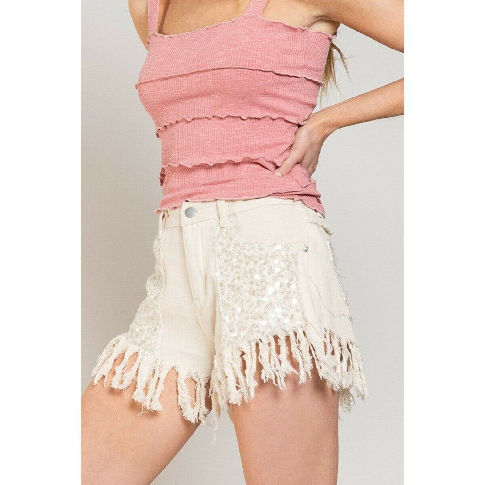 POL CLOTHING USA OATMILK SPARKLY SEQUIN SHORTS FRINGE RAW HEM BEACH CUTE NEW